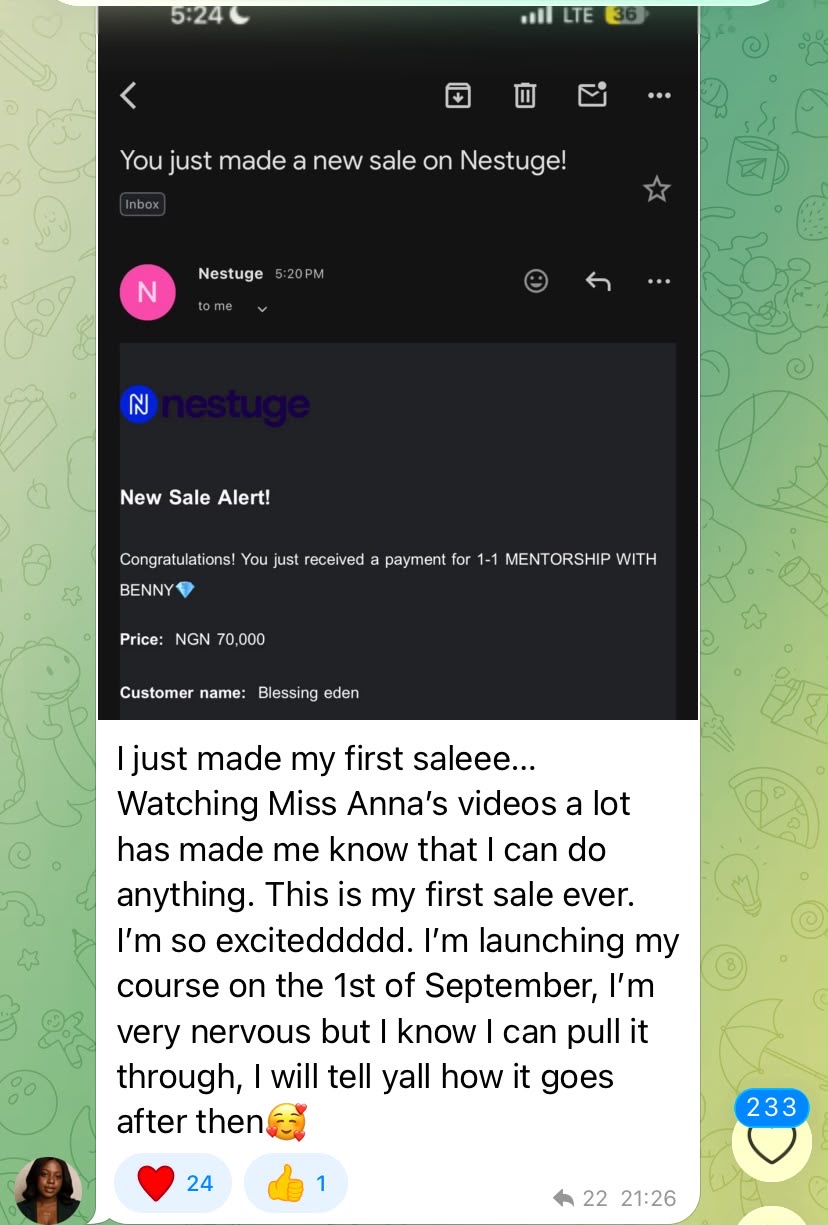 Blessing's first sale notification: ₦70,000 payment for 1-1 mentorship on Nestuge