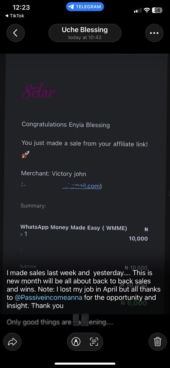 Blessing's Selar affiliate sale notification and her message about losing her job in April and now making back to back sales